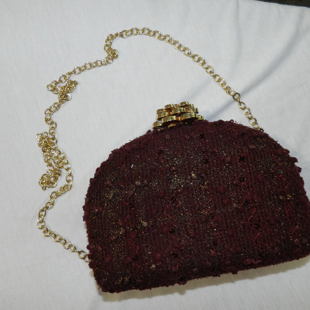 Sondra Roberts burgundy & metallic gold evening bag with stacked flower clasp